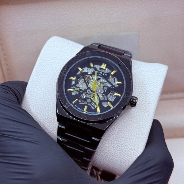 Black Automatic Skeleton Watch – Stainless Steel Chain
