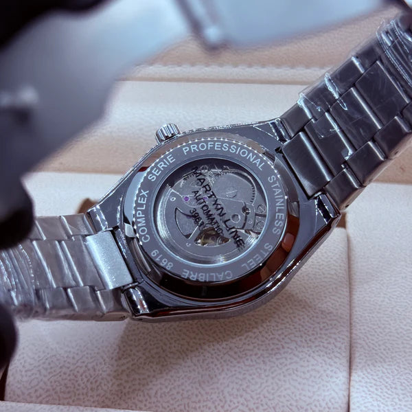 Automatic Skeleton Watch – Black Dial & Silver Bracelet