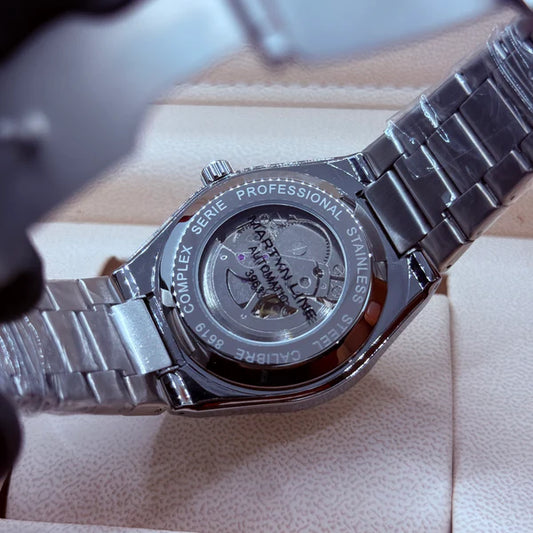 Automatic Skeleton Watch – Black Dial & Silver Bracelet