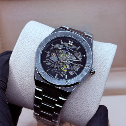 Automatic Skeleton Watch – Black Dial & Silver Bracelet