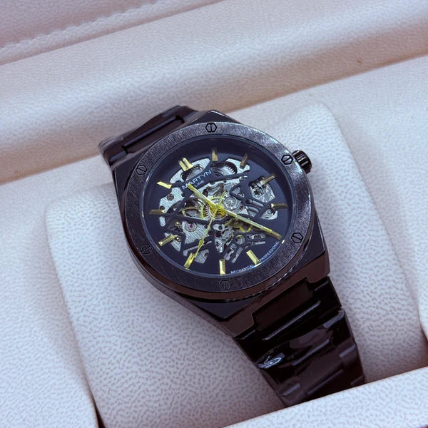 Black Automatic Skeleton Watch – Stainless Steel Chain