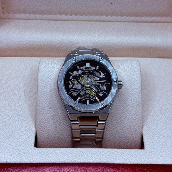 Automatic Skeleton Watch – Black Dial & Silver Bracelet