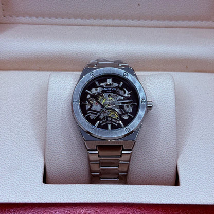 Automatic Skeleton Watch – Black Dial & Silver Bracelet